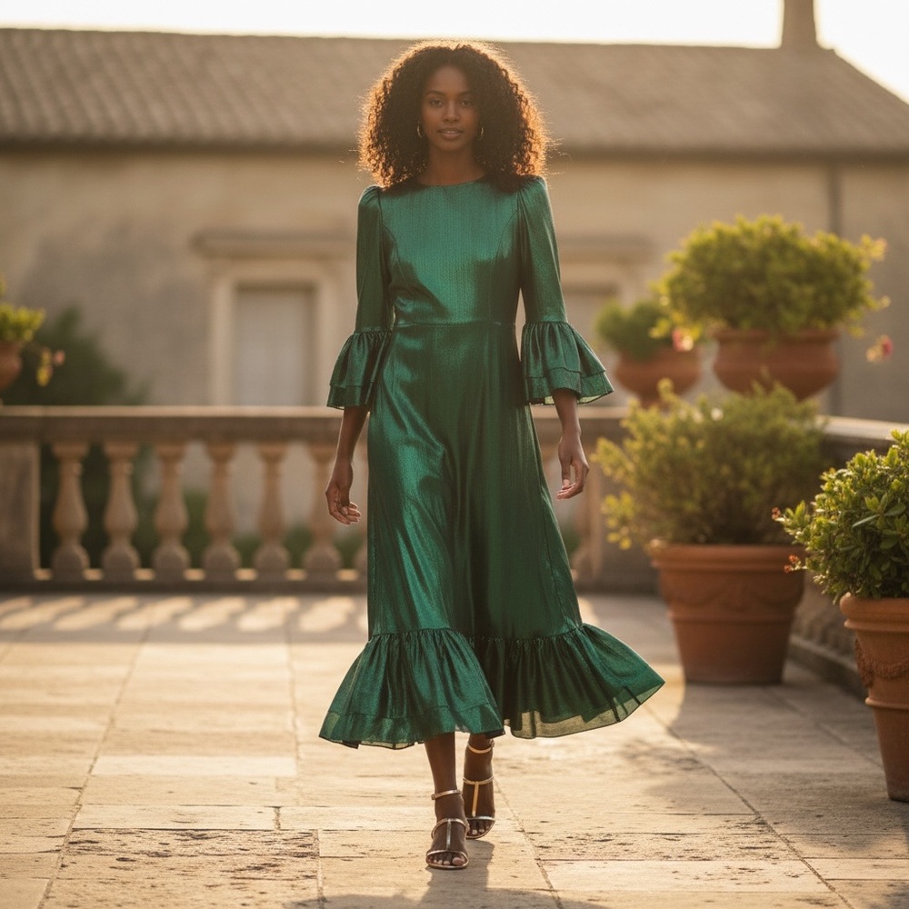 Tuckernuck Shimmering Emerald Green Ruffle-Sleeve Maxi Dress